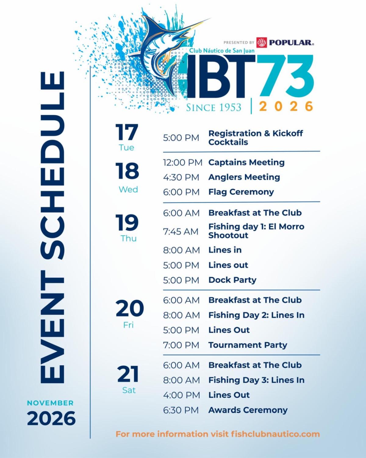 IBT 73 — Event schedule, November 17–21, 2026.